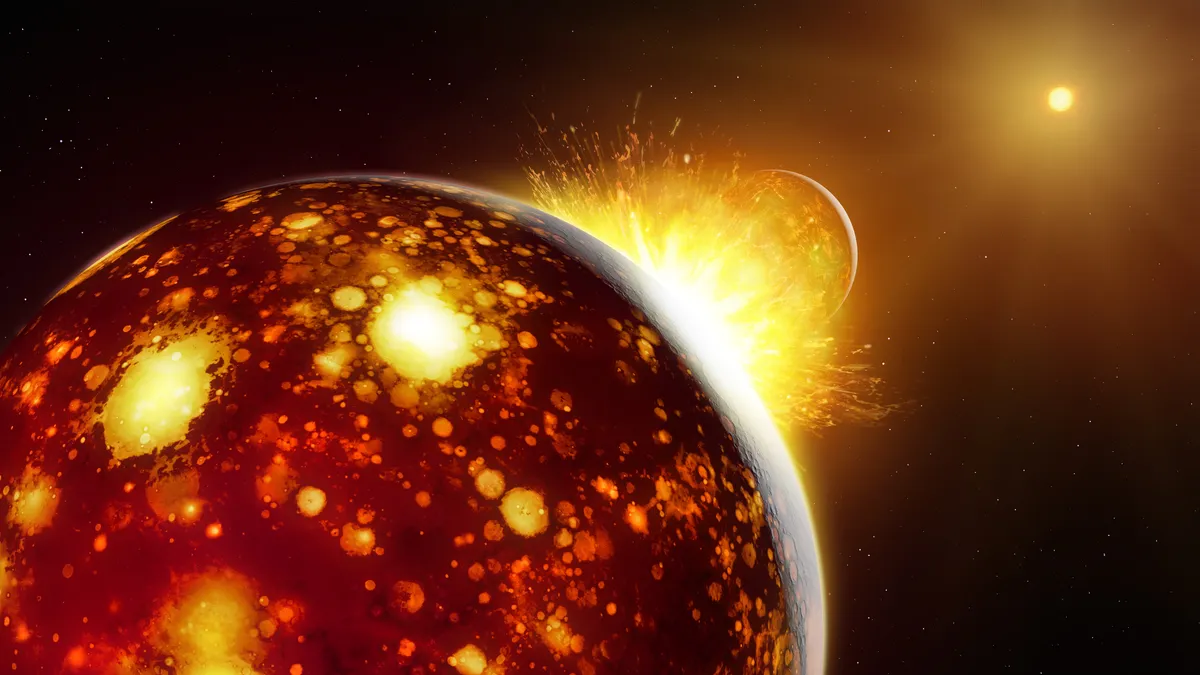 تیا، برخوردگر غول‌پیکری که ماه را تشکیل داد، در فاصله‌ای نزدیک‌تر از فاصله فعلی زمین تا خورشید، گرد هم آمد