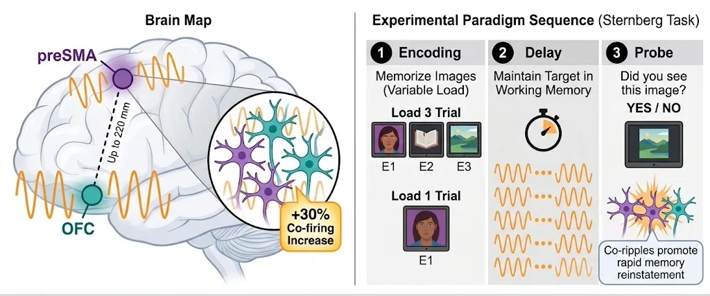 Diagram showing synchronized brain ripples between distant regions and the three stages of the working-memory test: viewing images, remembering them, and recognizing an image.