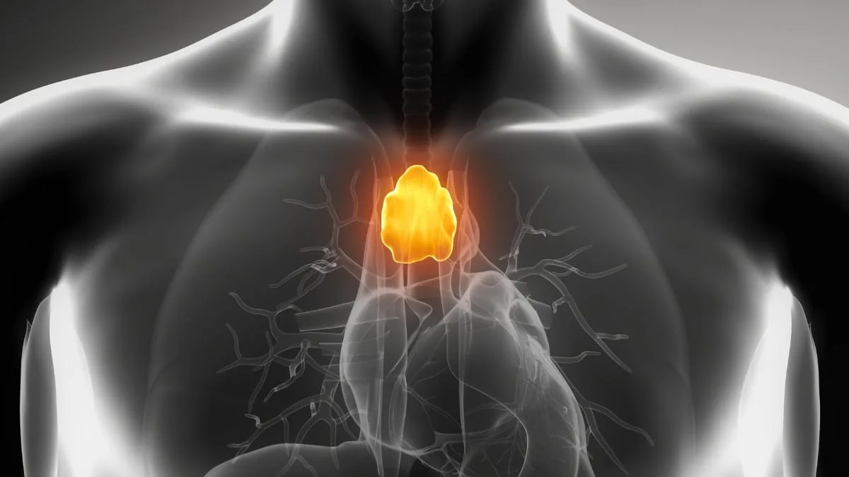 Thymus glowing orange inside human body